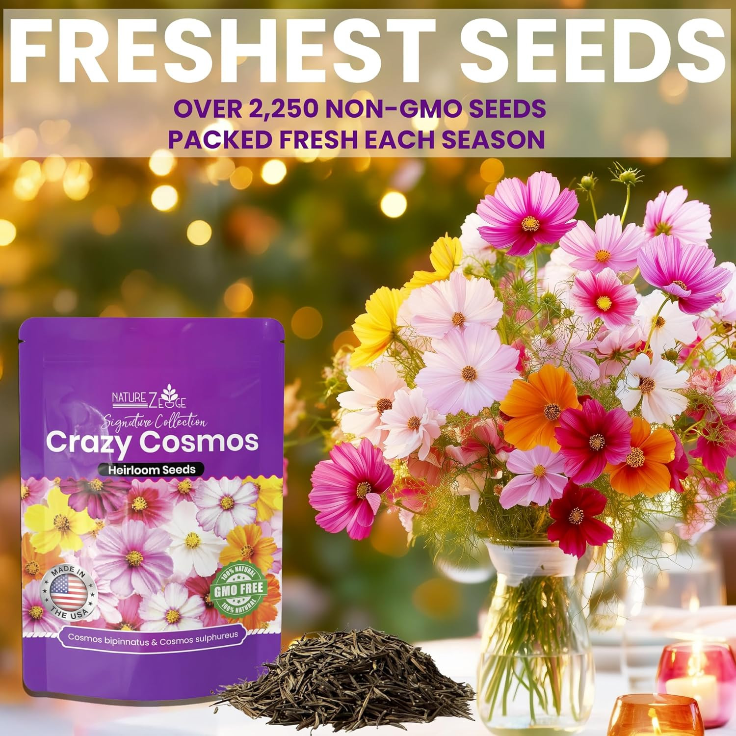 , Crazy Cosmos Seeds for 2026, 2250 Cosmos Seed, 15G, Made in USA, Annual Cut Fl