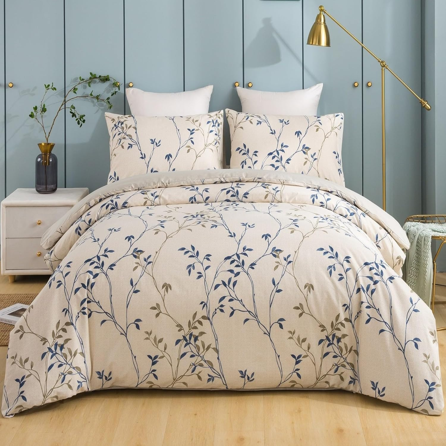 Elegant Leaf Vine Duvet Cover – Cream Beige Tan Blue – Queen Size Cotton