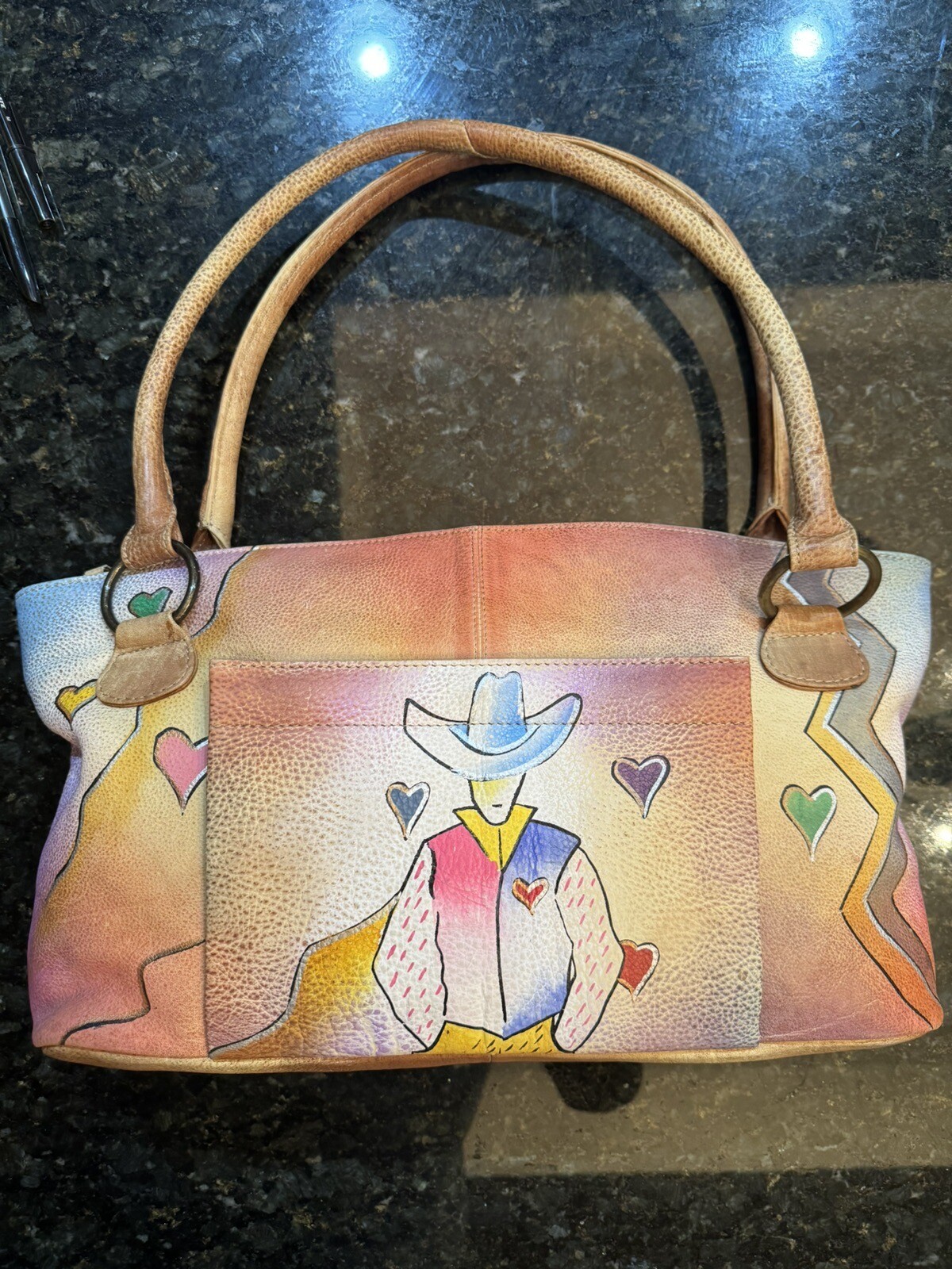 Leather purse with hand painted cow boy and hearts, beige, blue, one of a kind
