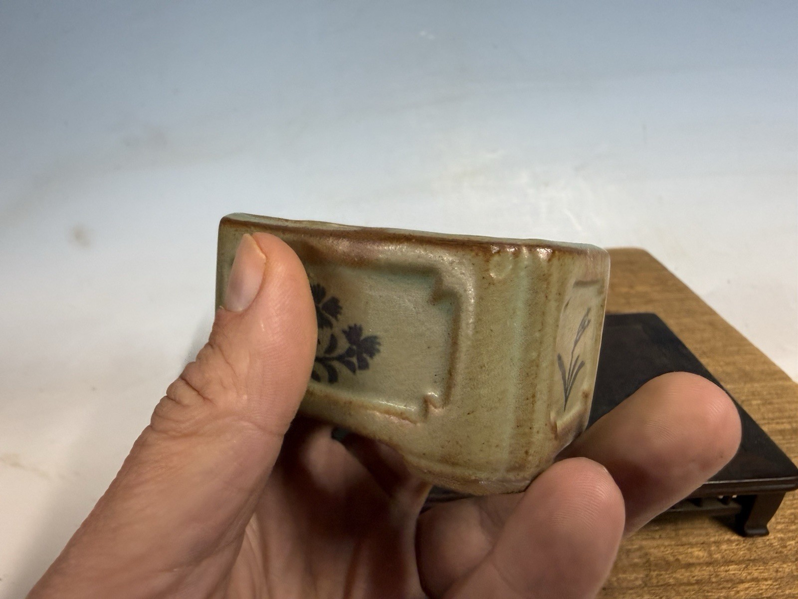 Japanese Unknown Maker Shohin Bonsai Tree Pot 3” Glazed With Motif #2