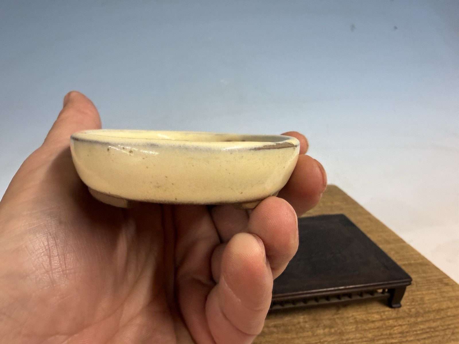 Japanese Unknown Maker Shohin Bonsai Tree Pot 4 1/2” Cream Glazed