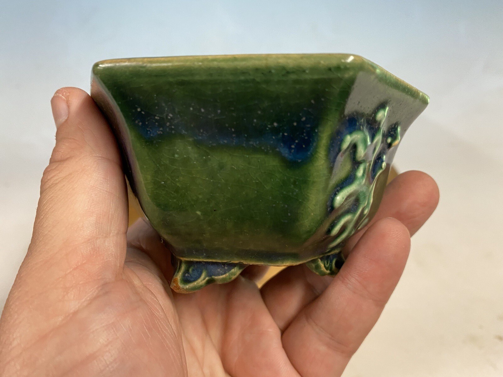 Beautiful Green And Blue Glazed Shohin Size Bonsai Tree Pot Heian Kosen 4 1/2”