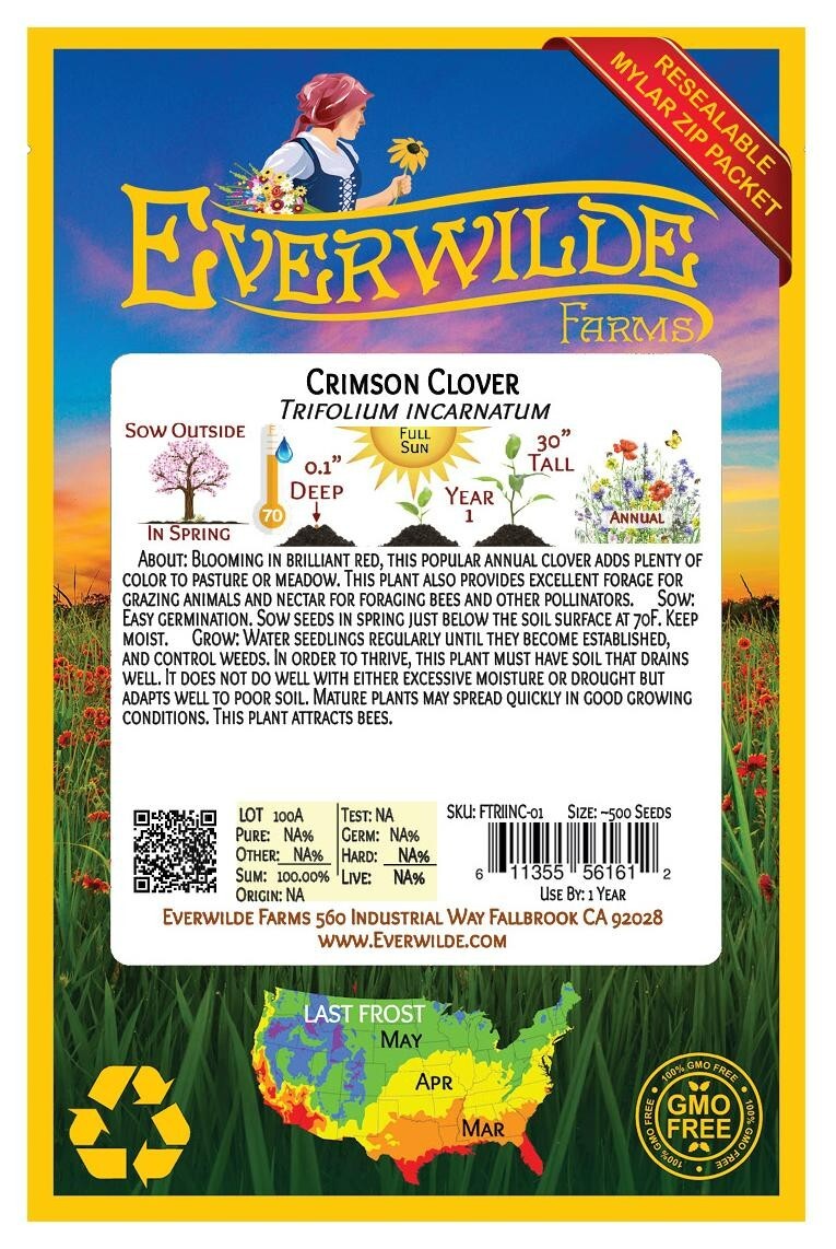 500 Crimson Clover Wildflower Seeds – Everwilde Farms Mylar Seed Packet