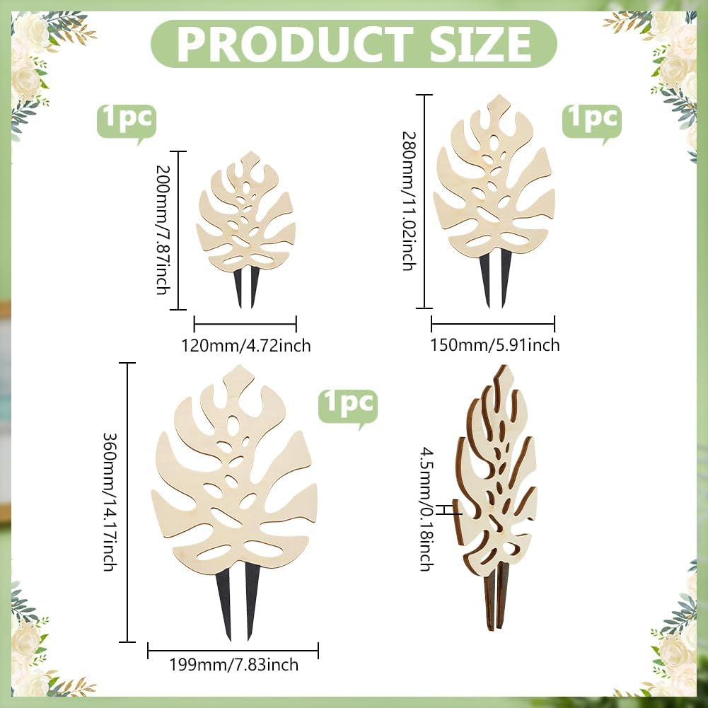 3 PCS Wooden Plant Trellises 3 Size Monstera Leaf Shape Floral White Houseplant