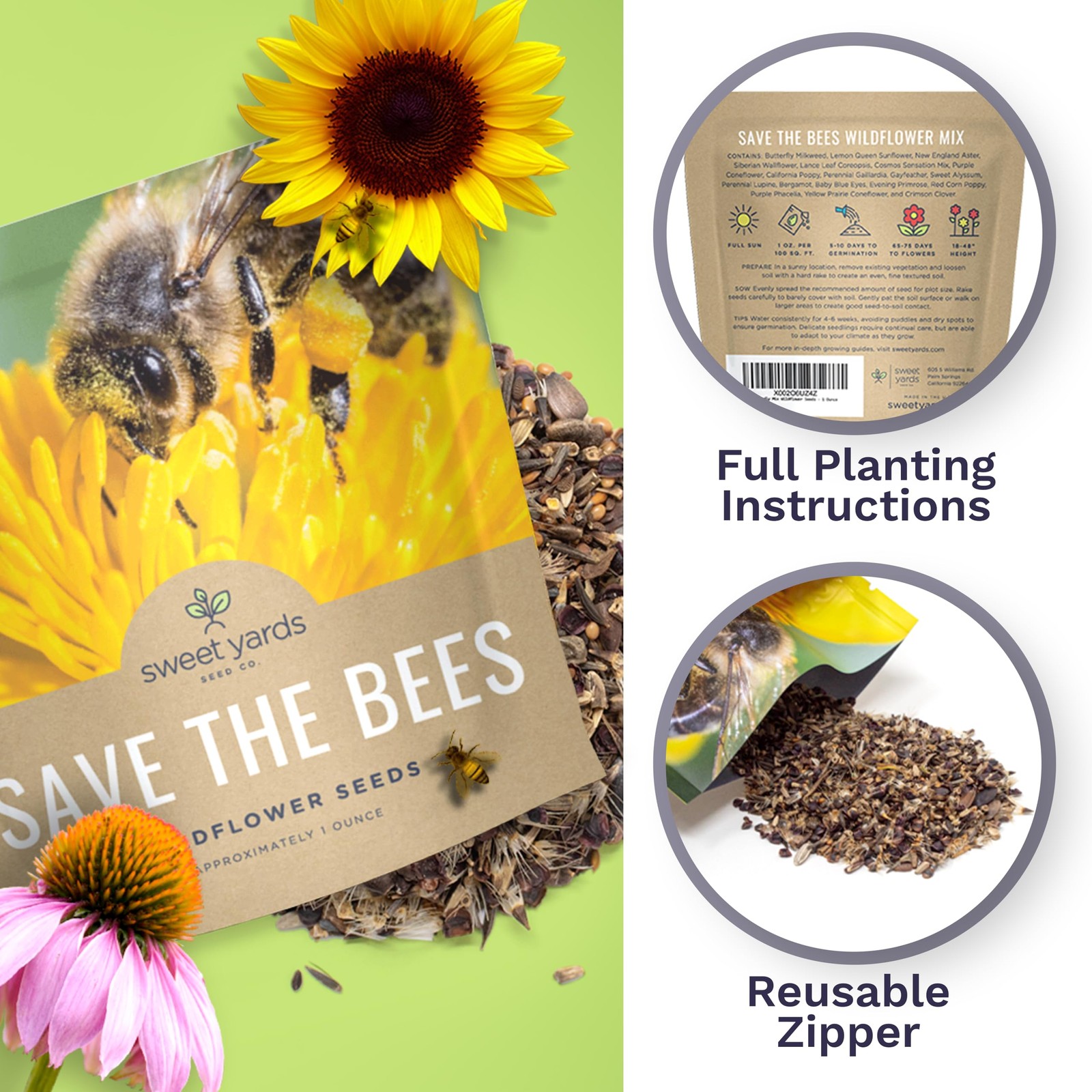 Wildflower Seed Mix Bulk 1 Ounce Packet 7500 Open Pollinated For Bees Butterflie