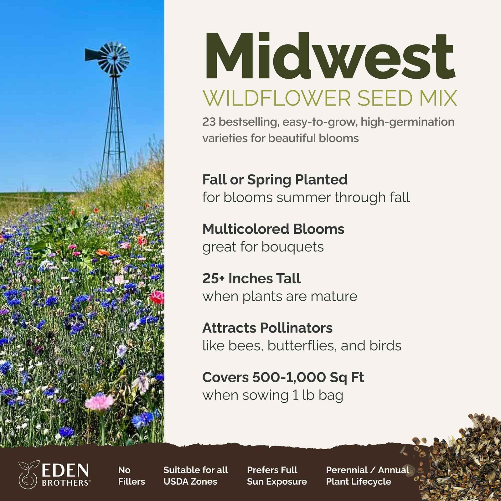 Eden Brothers Midwest Wildflower Mixed Seeds for Planting, 1 1 Pound,