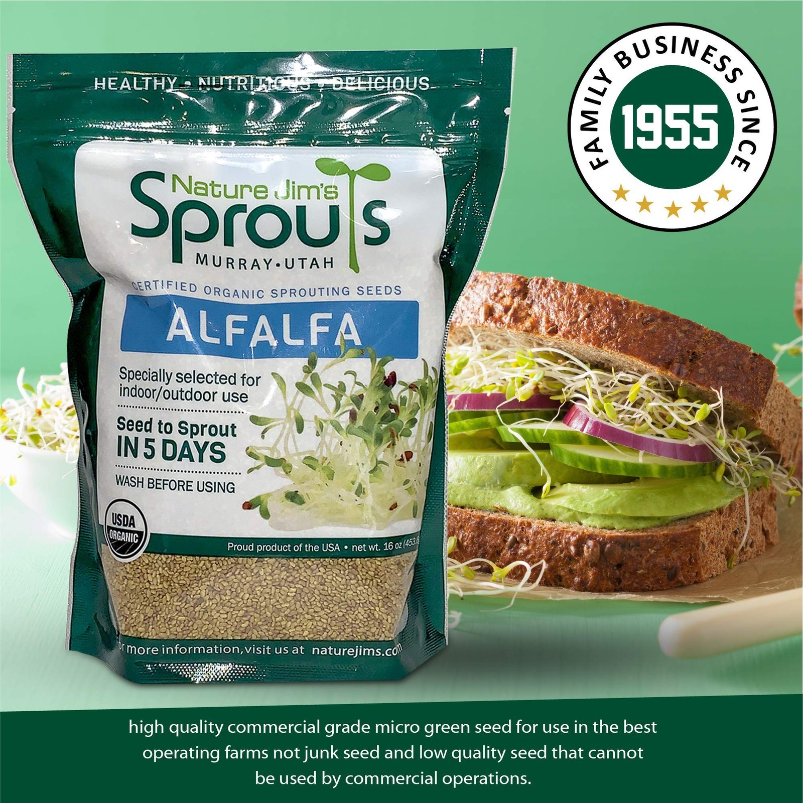 Nature Jims Sprouts alfalfa Seeds – 16 Oz Organic Sprouting Seeds – Non-GMO P…