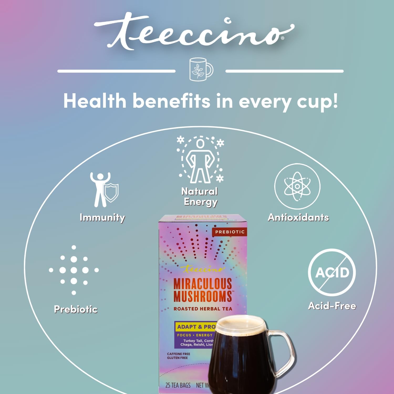 Teeccino Miraculous Mushrooms Adapt & Protect Herbal Tea 25 Count (Pack of 1)