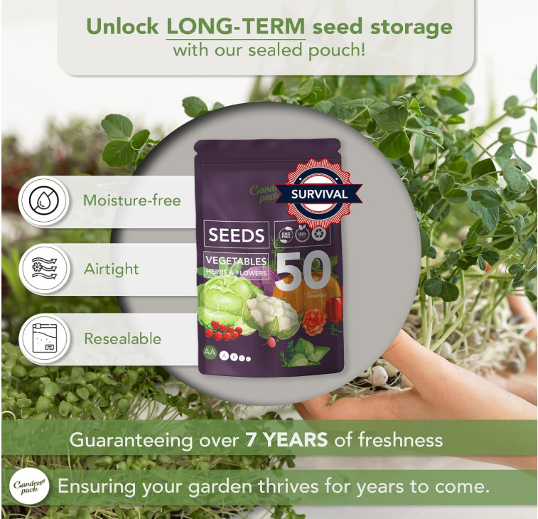 Garden Seeds Pack – 50 Varieties of Herb, Flower & Vegetable, 25,000 Non-GMO