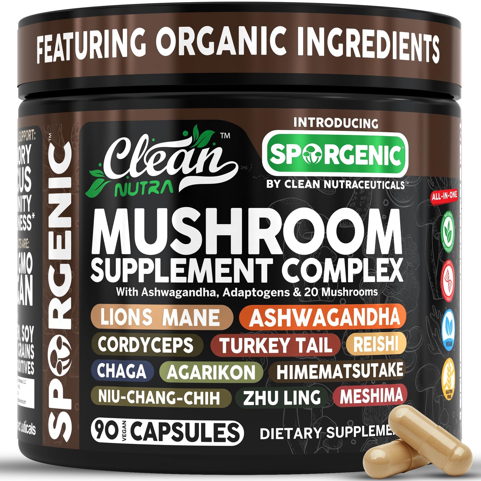 Organic Mushroom Supplement | Ashwagandha 90 Count (Pack of 1), Black/Brown