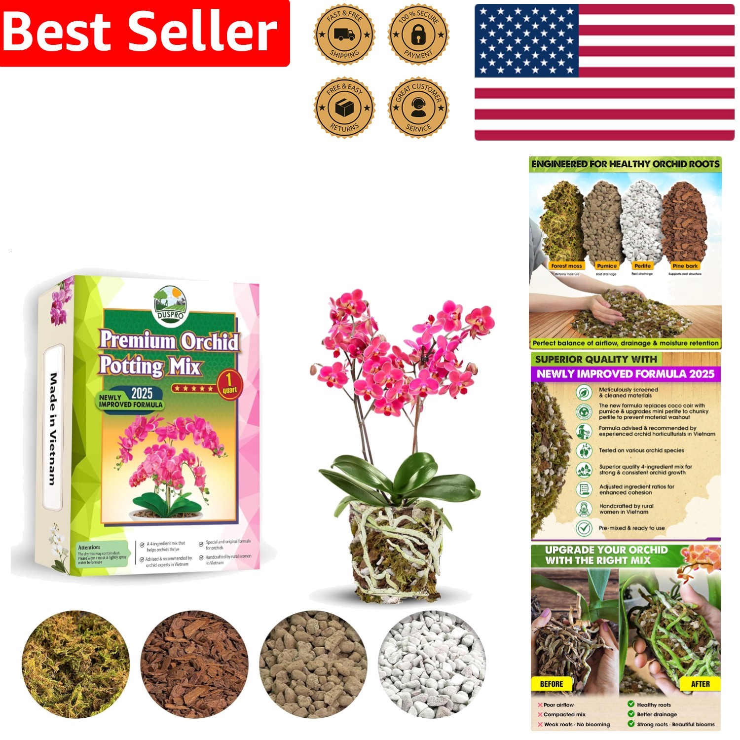 Indoor Orchid Potting Soil – Chunky Perlite, Pine Bark for Superior Drainage