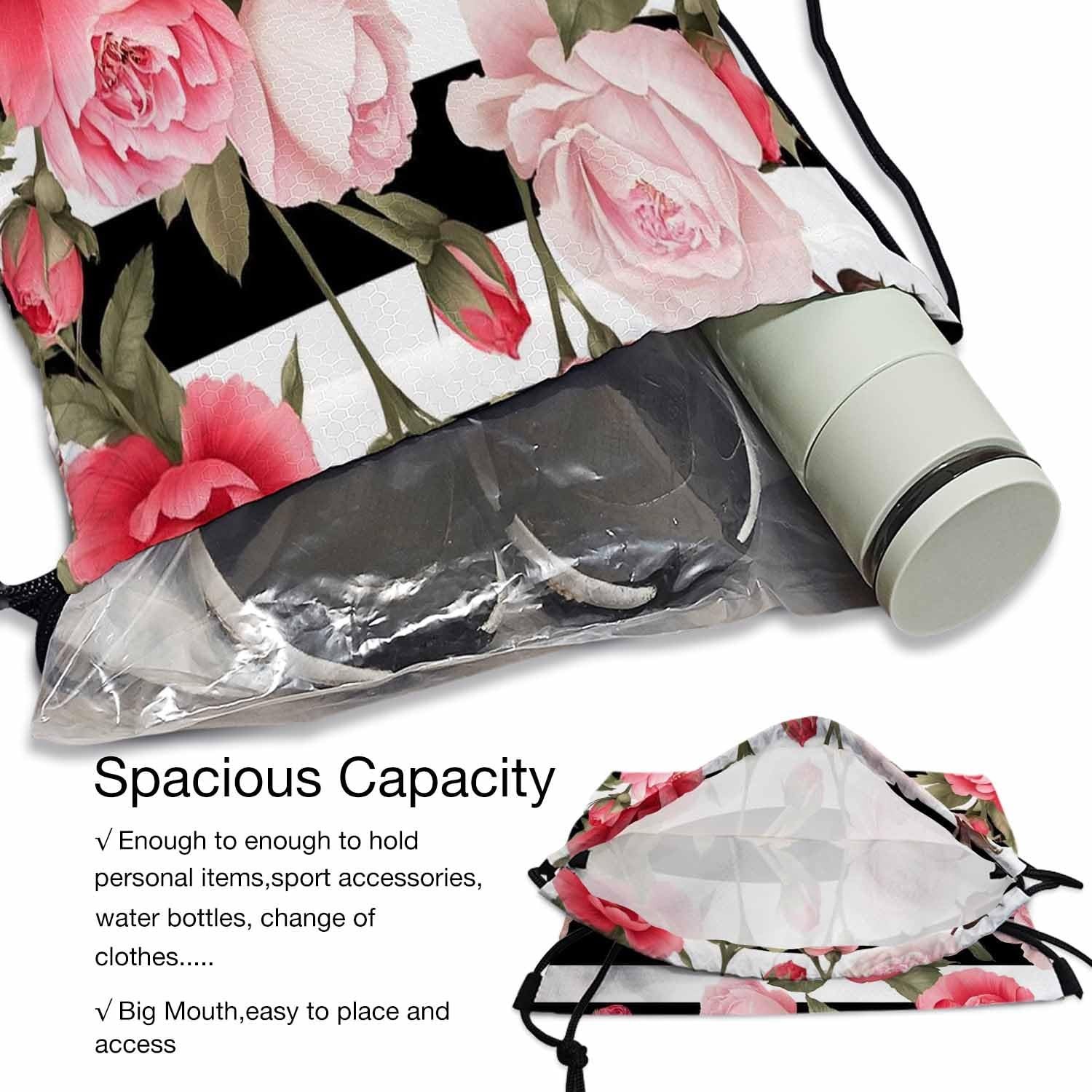 Wild Flower Pink Peony Roses Black White Stripes Vintage Style Green Leaf Dra…