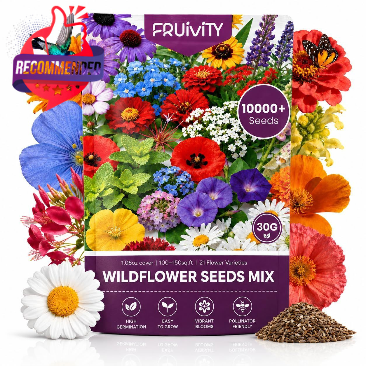 Wildflower Seeds Bulk 10,000+ Pack 1.06oz Variety Mix 21 Perennial Colorful 5