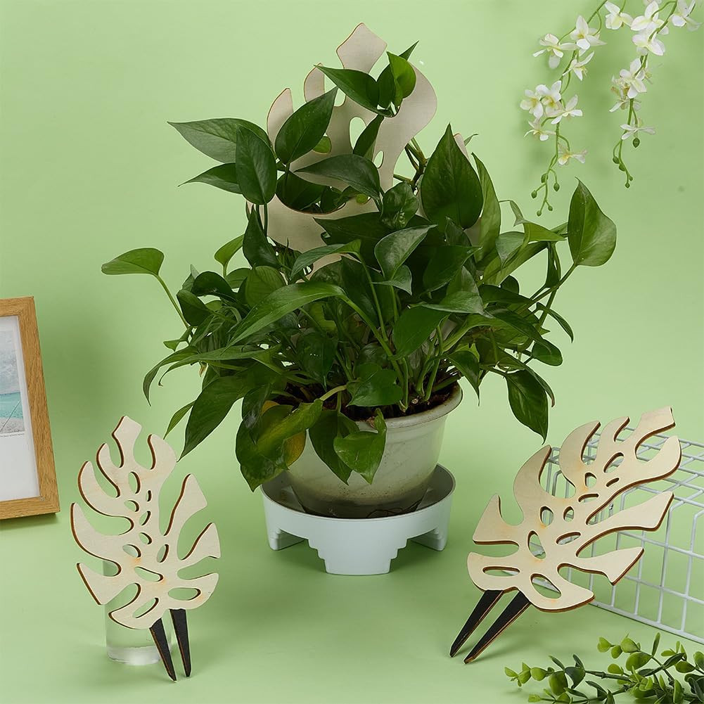 3 PCS Wooden Plant Trellises 3 Size Monstera Leaf Shape Floral White Houseplant