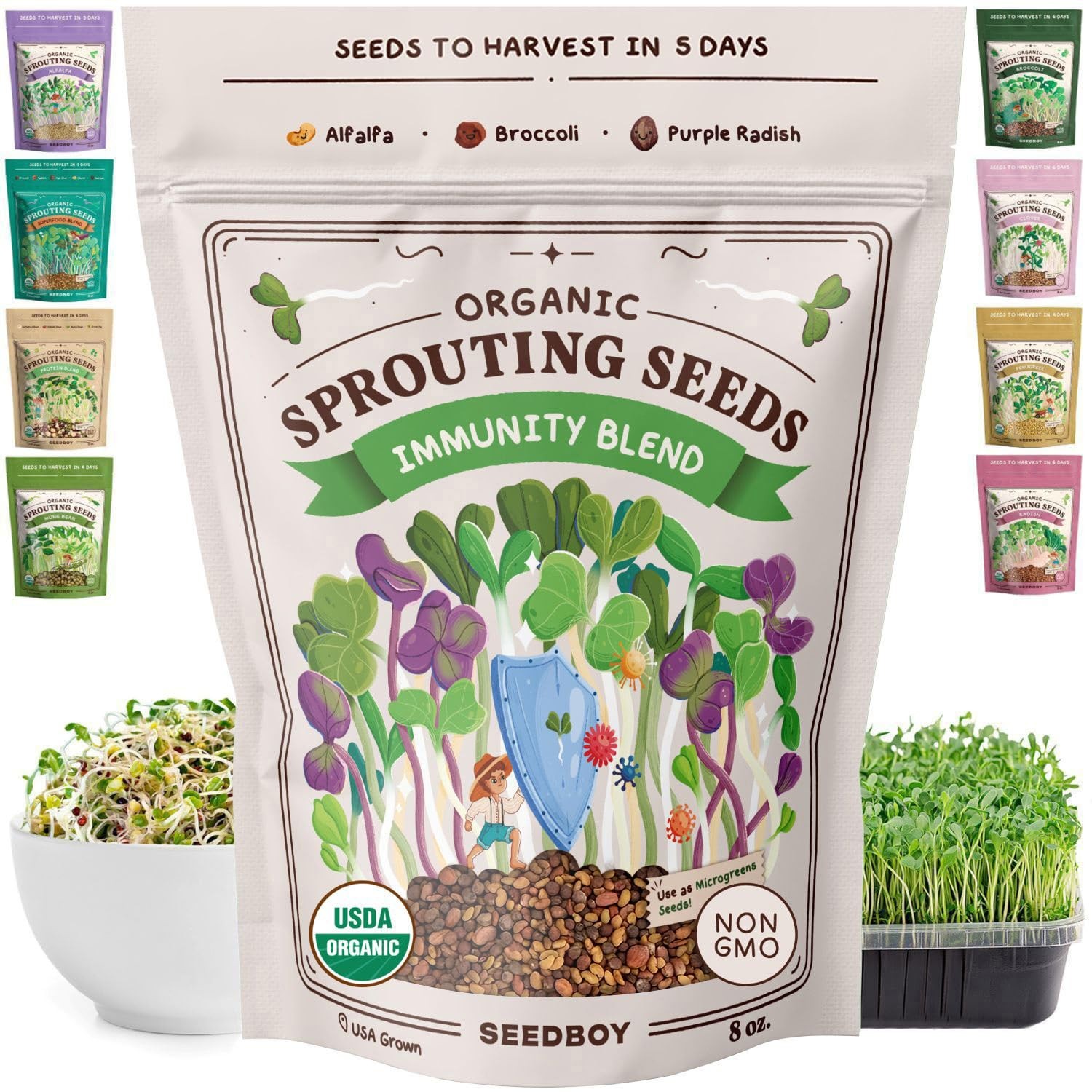 Organic NonGMO Sprouting Seeds Mix for Immune Health 8 oz Bag, 32 Servings