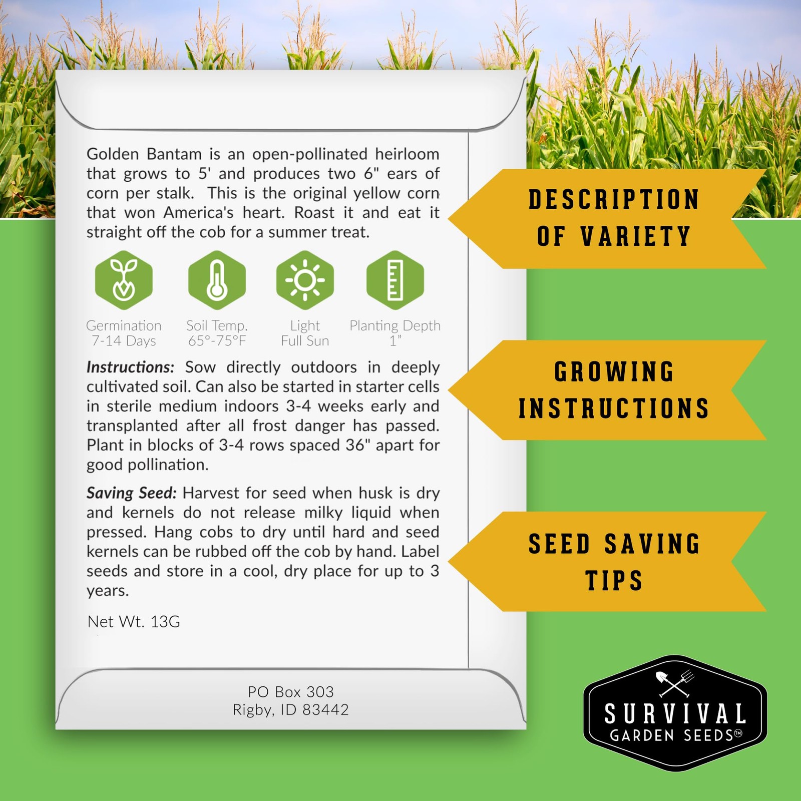 Golden Bantam Sweet Corn Seed for Planting – 1 Pack with Instructions yellow