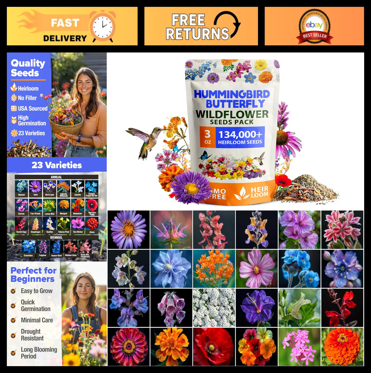 Premium Wildflower Seeds Bulk – 134,000+ Non-GMO Native Seeds for Butterfly Gard