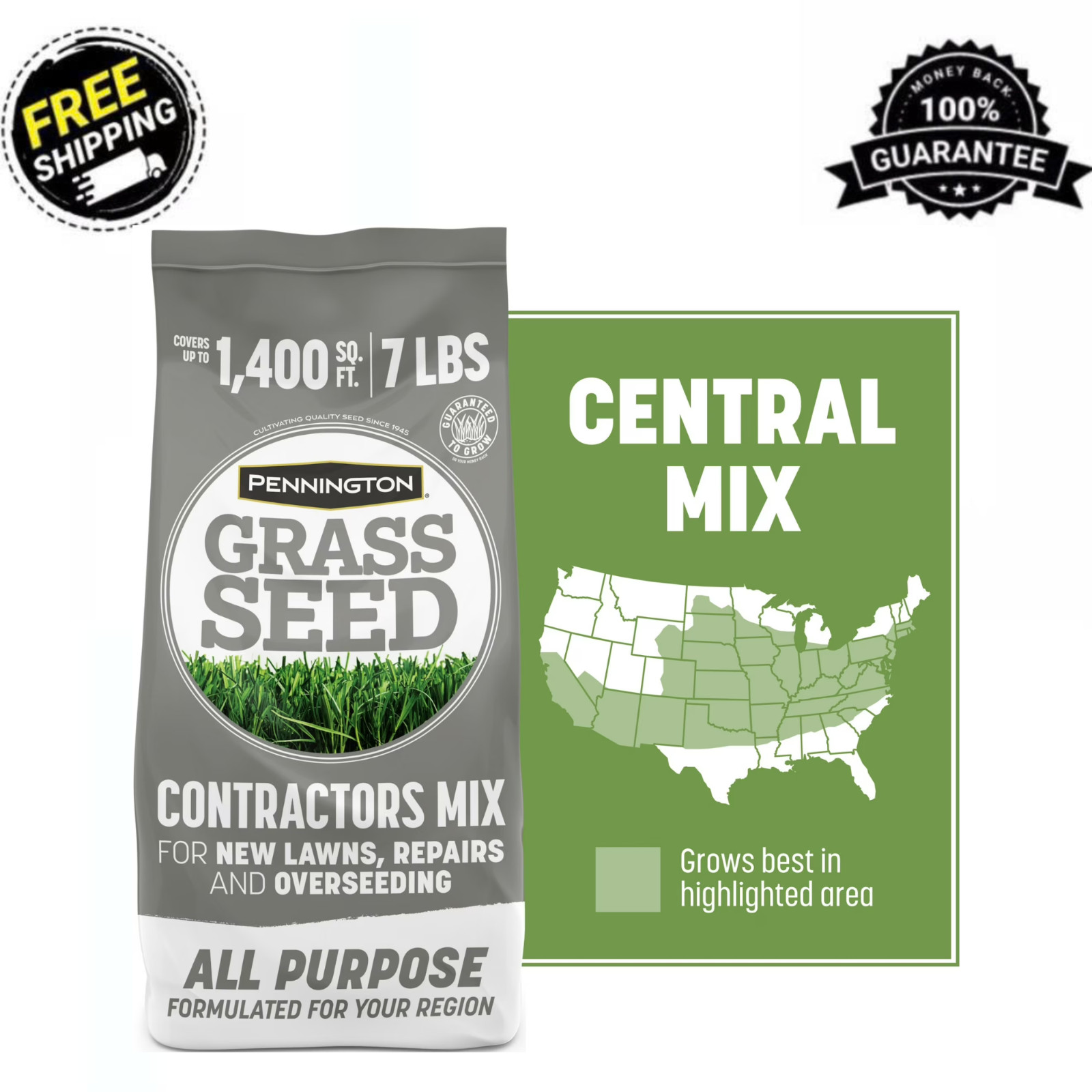 Pennington Contractors Central Grass Seed Mix, for Sun to Partial Shade, 7 lb.