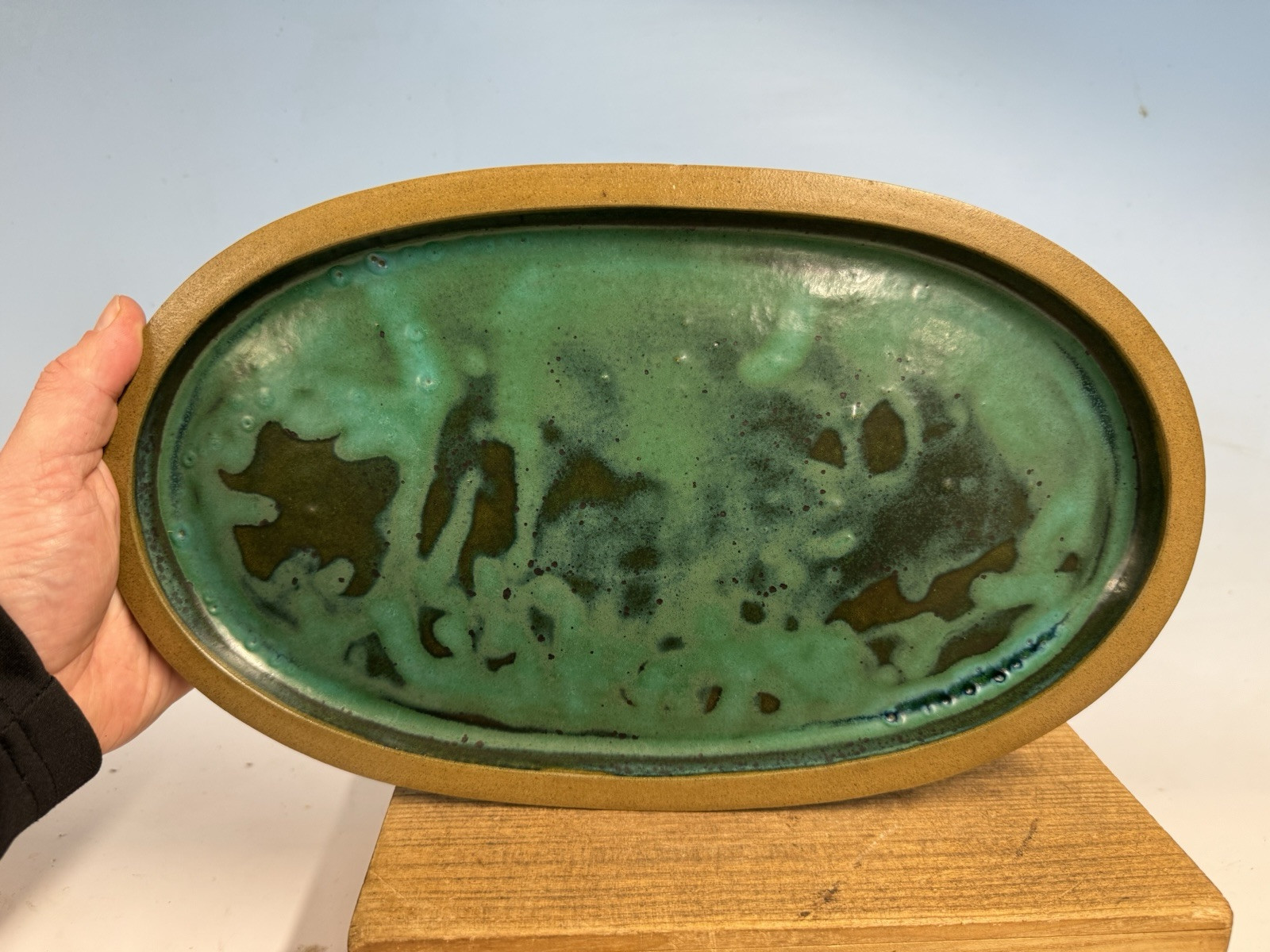 Green Blue Suiban For Suiseki Bonsai Tree Pot 14 1/4” By Maruhei Rare One!