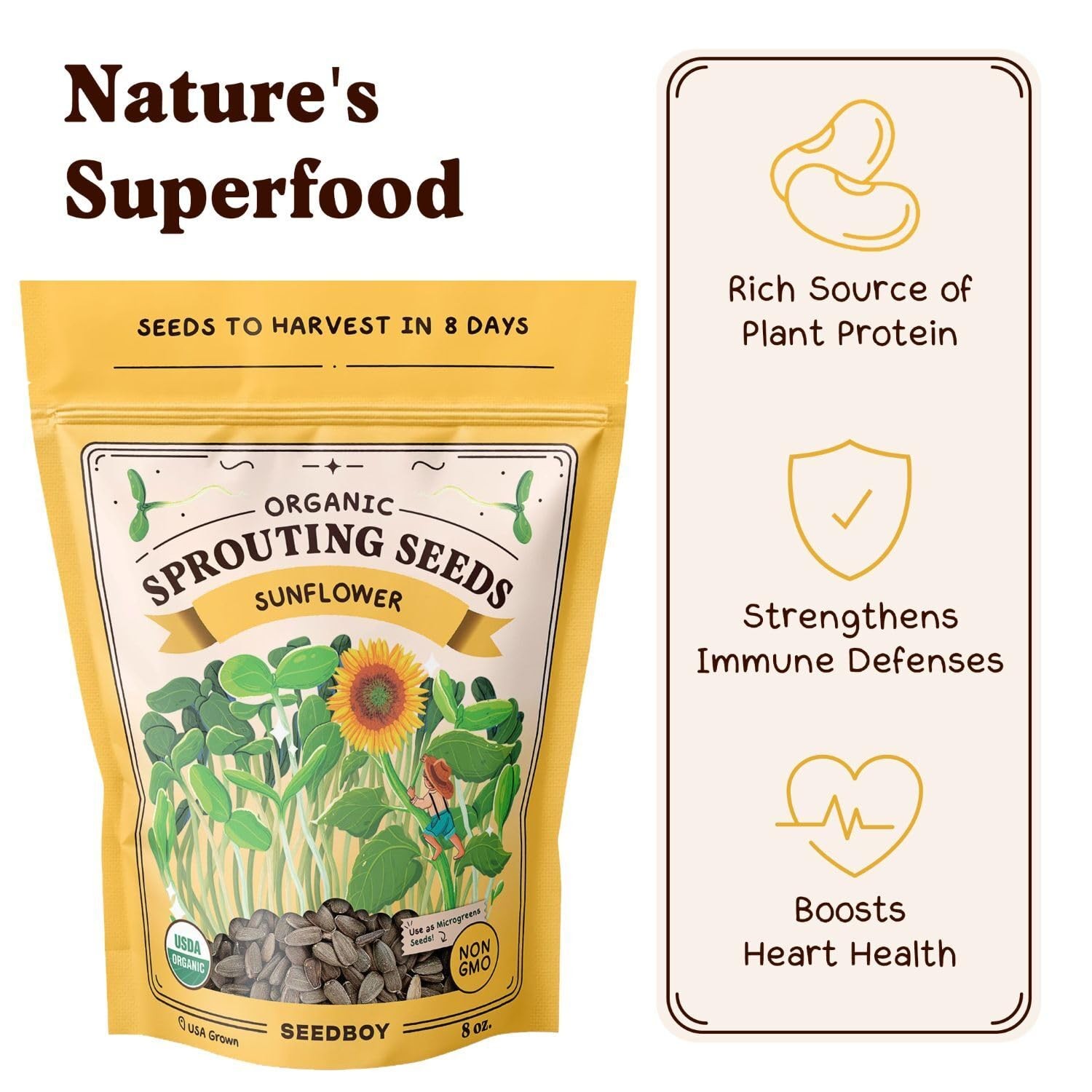Organic Sunflower Sprouting Seeds Mix – Non-GMO, Grows 5 Quarts of Microgreens