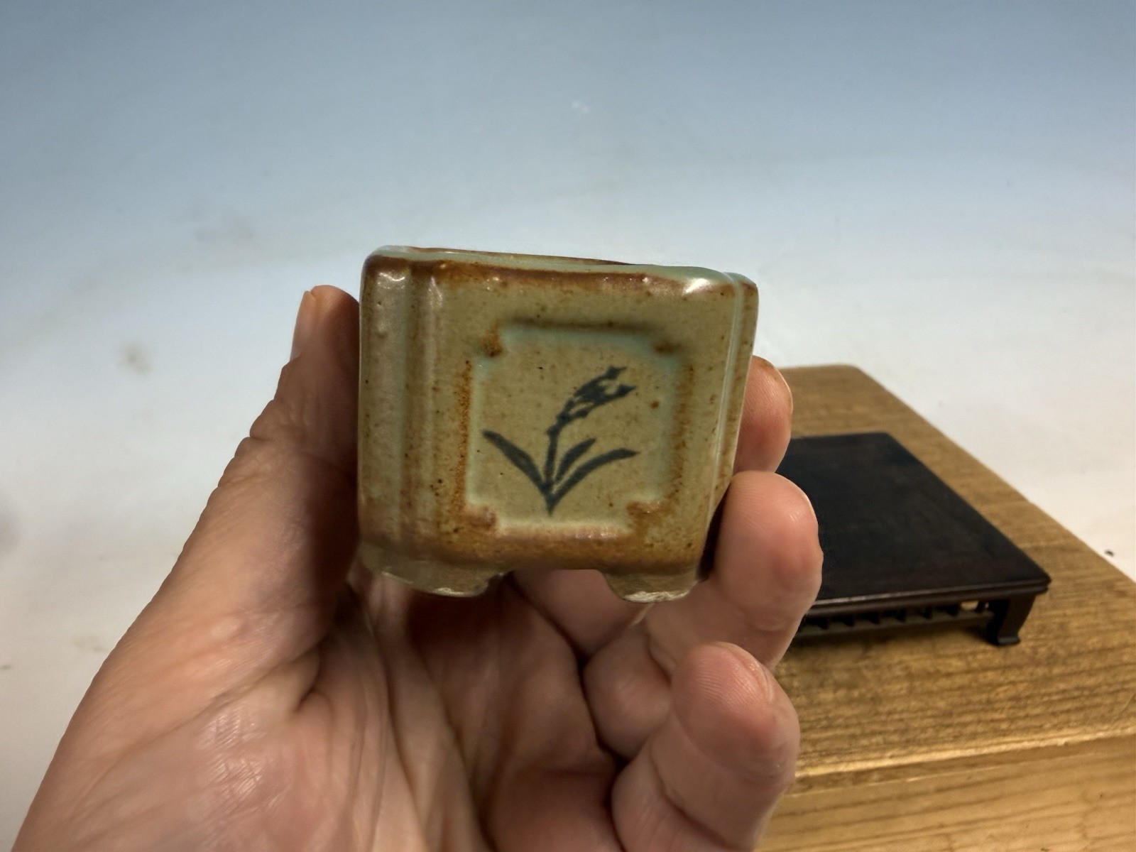 Japanese Unknown Maker Shohin Bonsai Tree Pot 3” Glazed With Motif #1