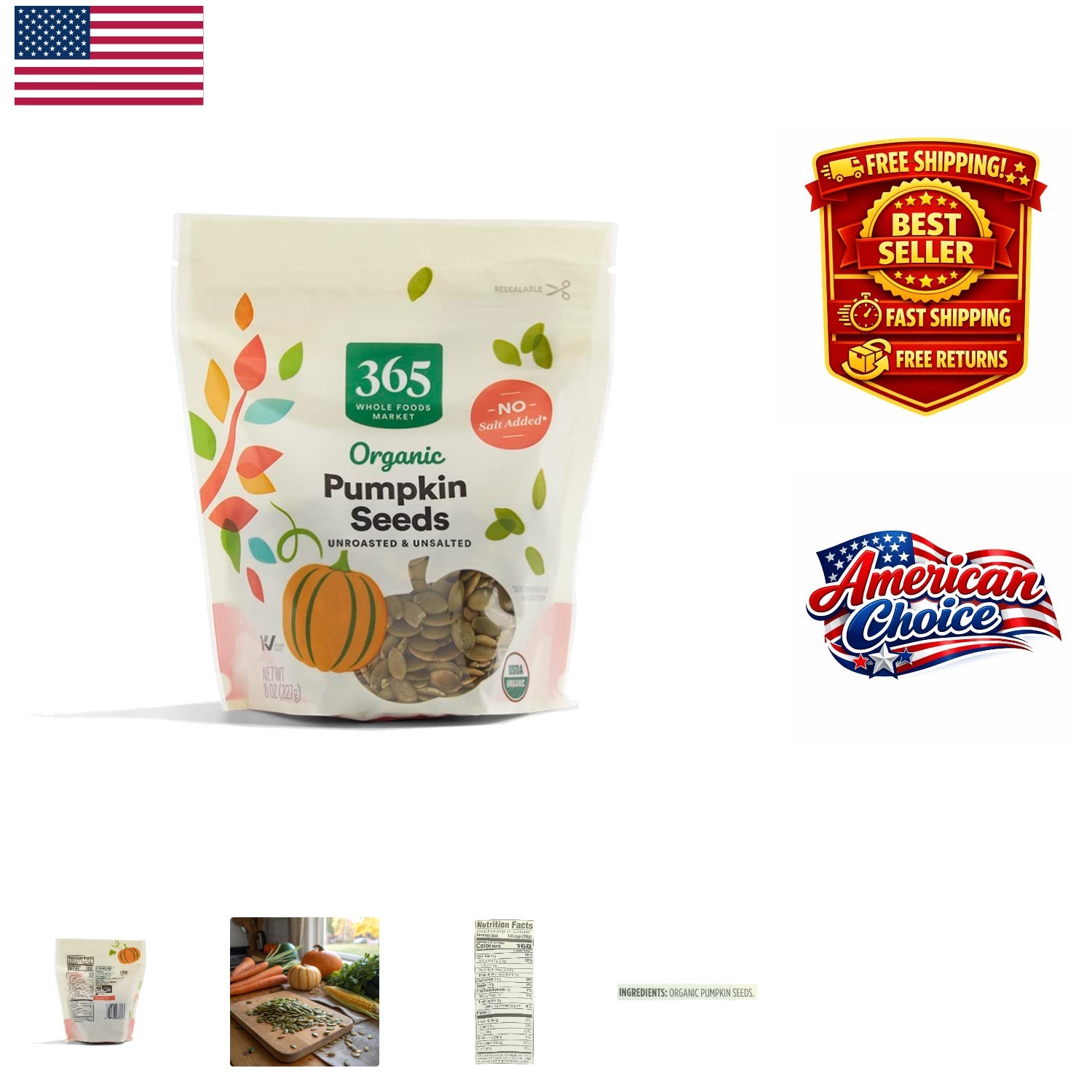 Organic Pumpkin Seeds – 8 Ounce Resealable Bag for Nutritious Snacking