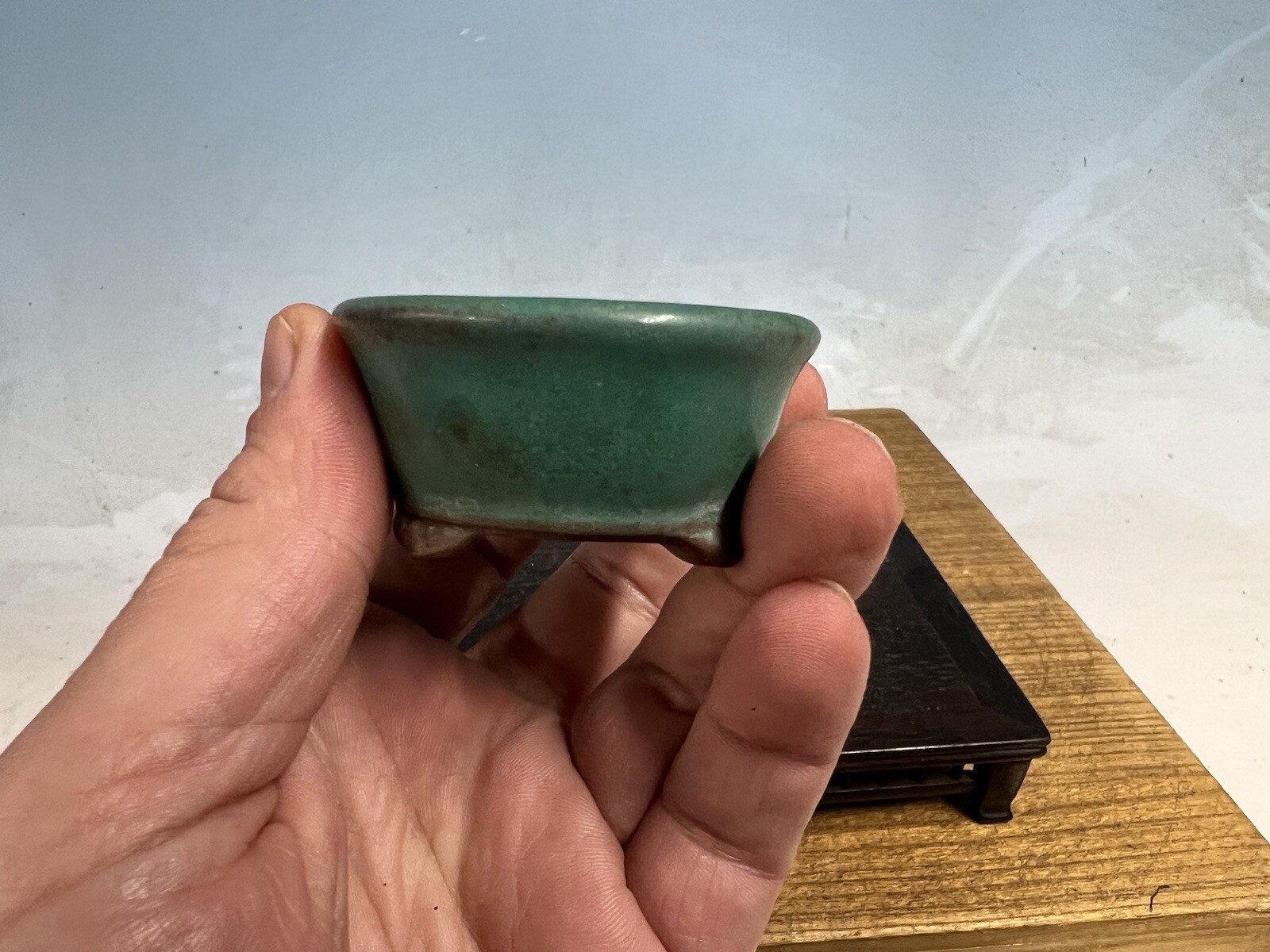 Blue Green Glazed Shohin Sized Bonsai Tree Pot Made By Tosui 2 1/2”