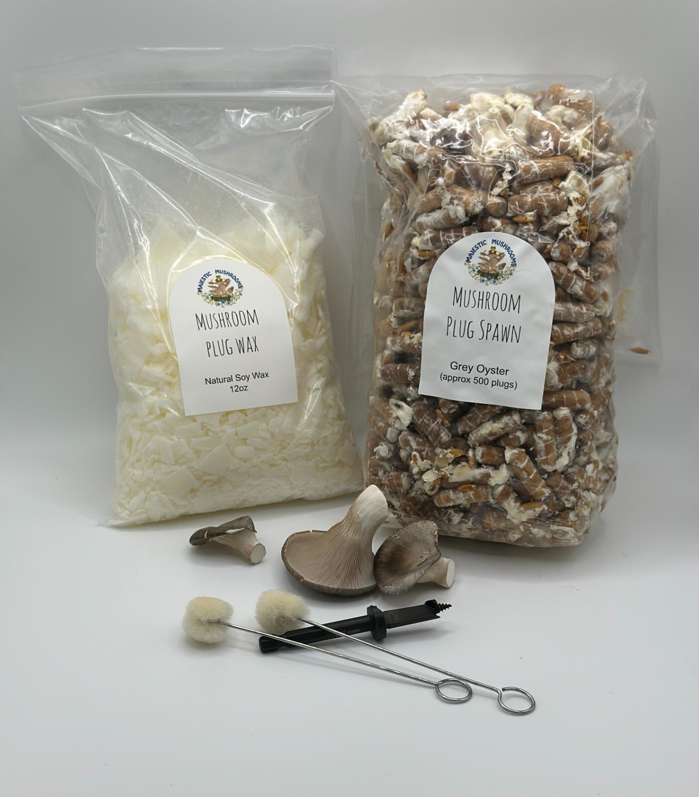 Grey Oyster Mushroom Plug Spawn 500x & drill bit/wax combo pack – FREE shipping