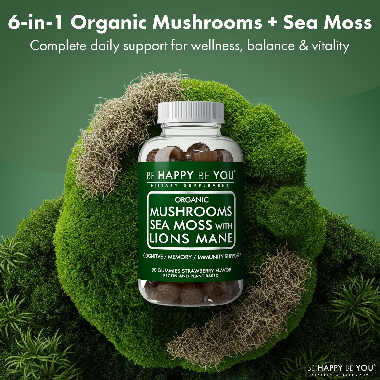 Be Happy You Organic Mushroom Sea Moss Gummies – 90 Count (Pack of 1)