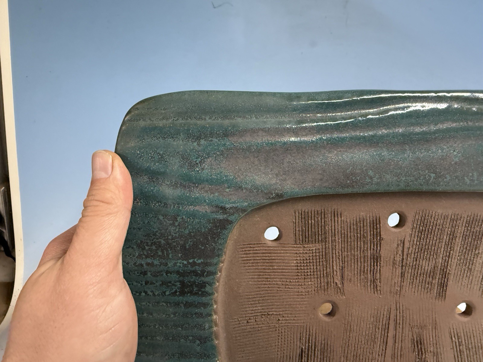 Stunning Blue Green Glazed Tokoname Bonsai Tree Pot Yamaaki Kiln 12 5/8” Slab