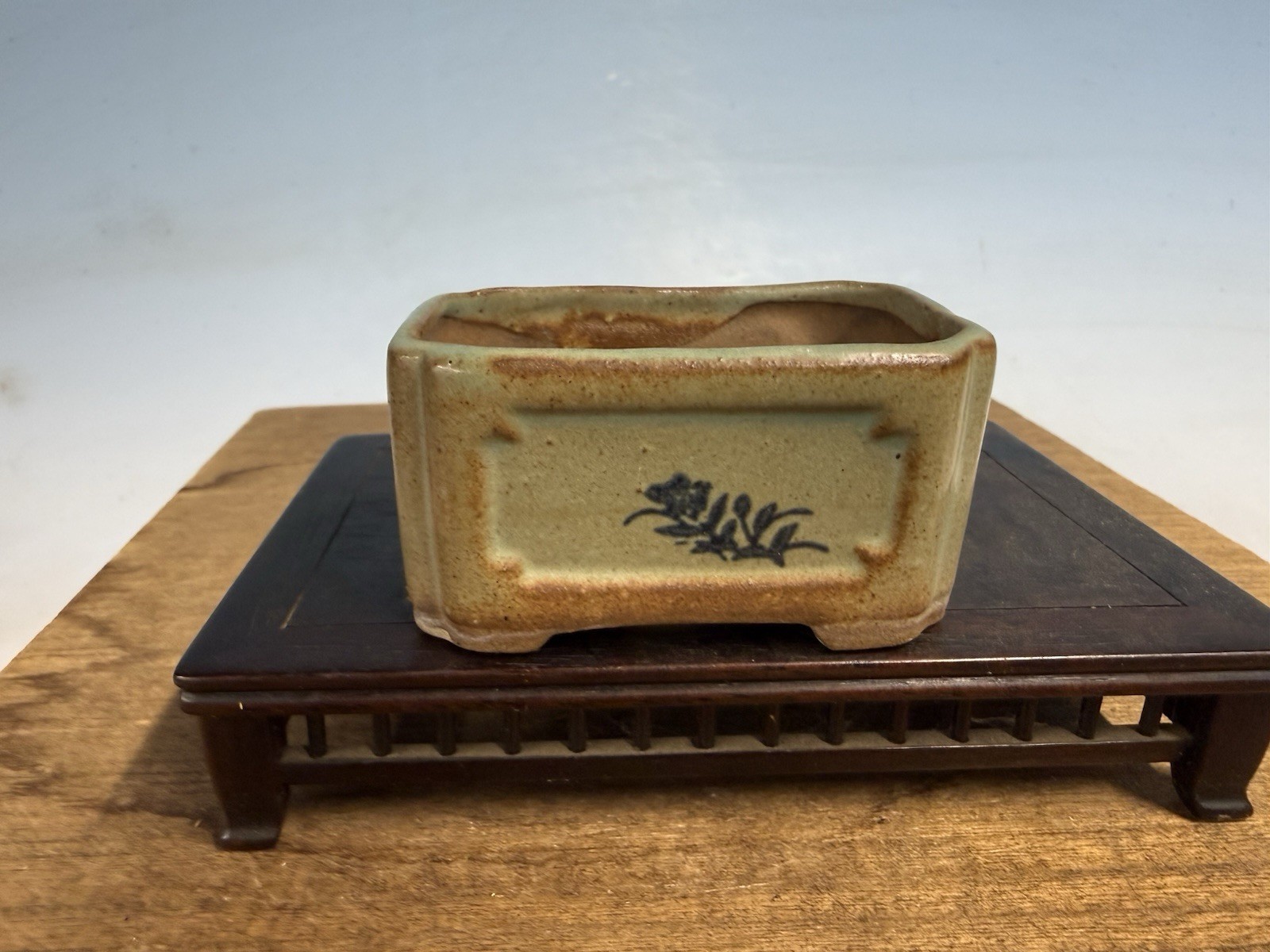 Japanese Unknown Maker Shohin Bonsai Tree Pot 3” Glazed With Motif #2