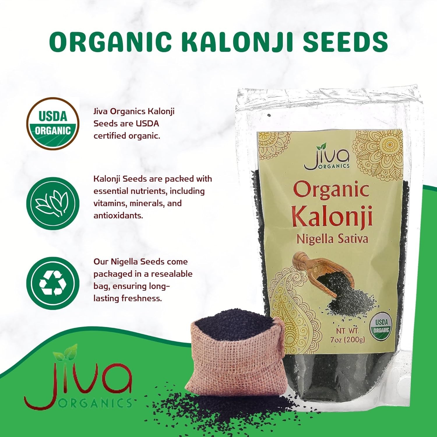 Organic Nigella Seeds Jiva 7oz Pure Black Seed Kalonji Sproutable Fresh