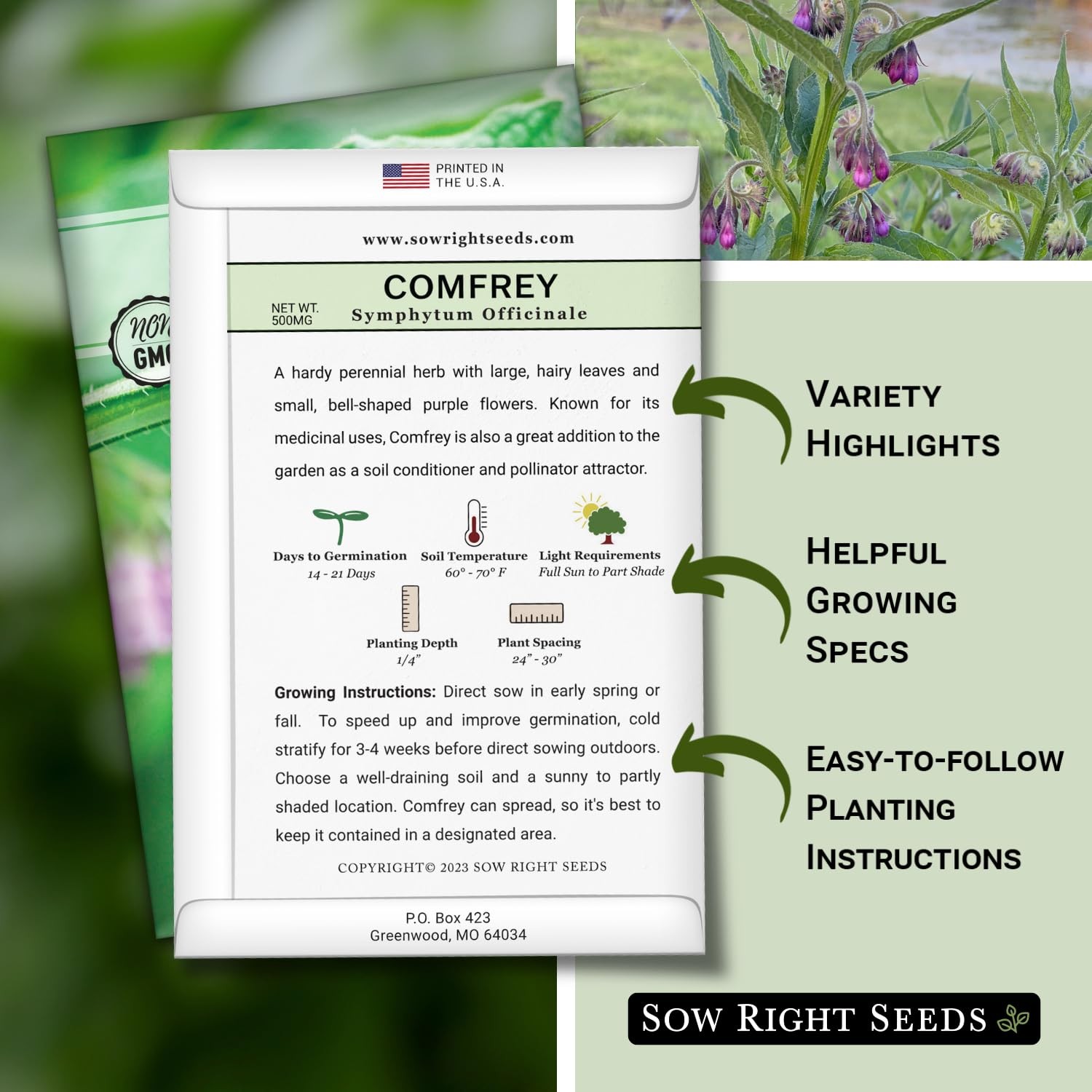 Sow Right Seeds – Comfrey for Planting – Non-GMO Heirloom – purple