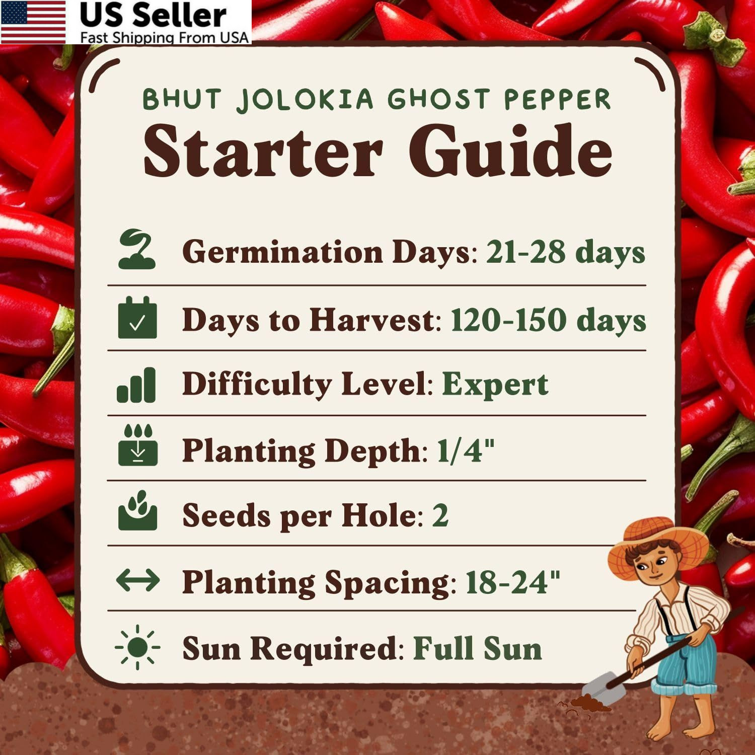 Seedboy Ghost Pepper Seeds for Planting Indoor and Outdoor, Non-GMO Red