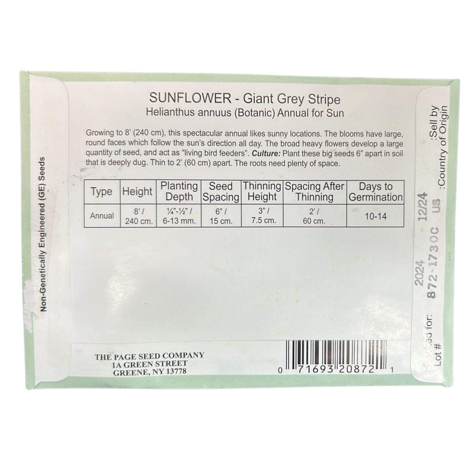 Valley Greene 2g Sunflower Seeds–Giant Grey Stripe:2CT