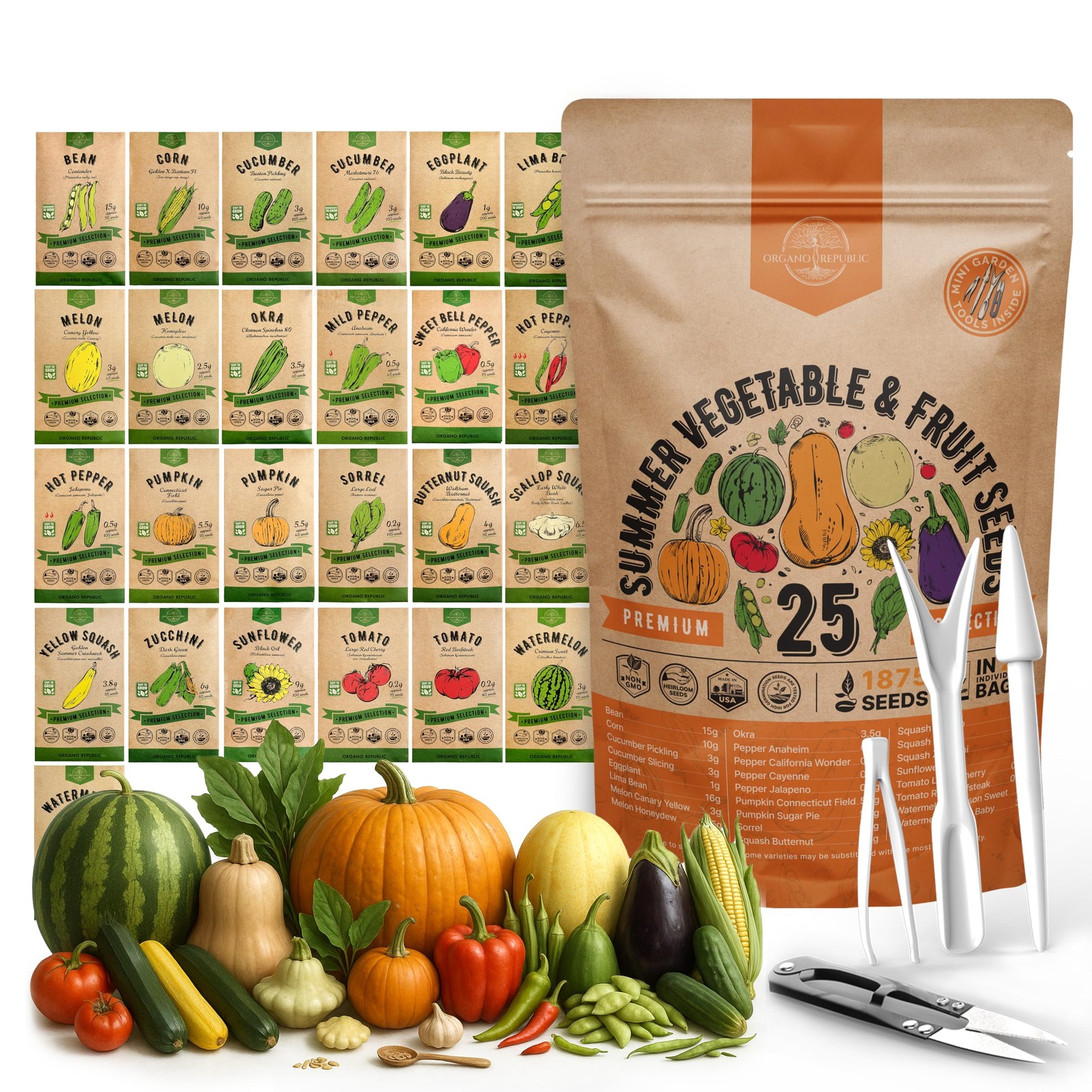 25 Summer 25 Vegetable & Fruit Seeds, Green, Purple, Red, Yellow