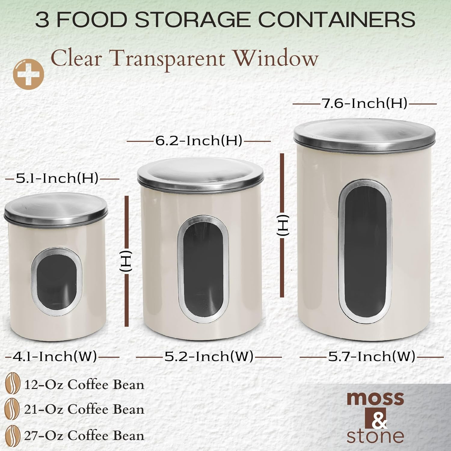 Moss & Stone 3-Piece Beige Canisters Sets for the Kitchen, Airtight Canister Set