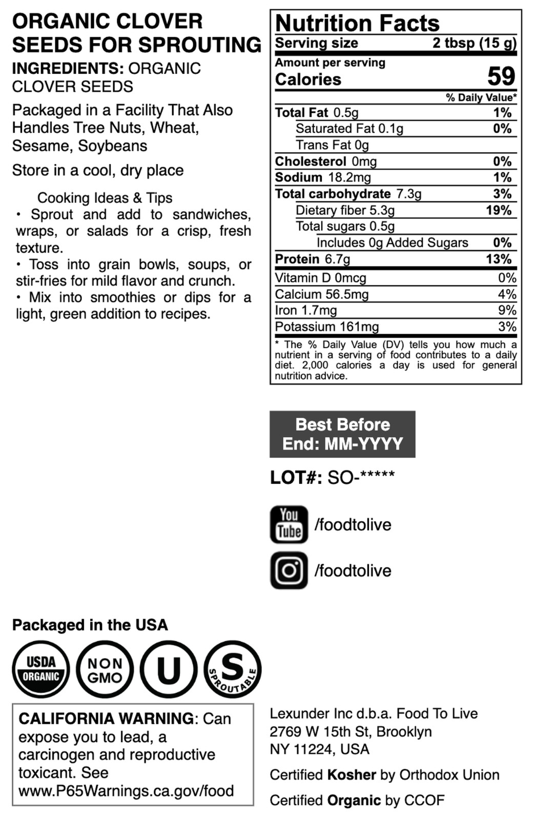 Organic Clover Sprouting Seeds – Non-GMO, Kosher, Vegan, Raw – by Food to Live
