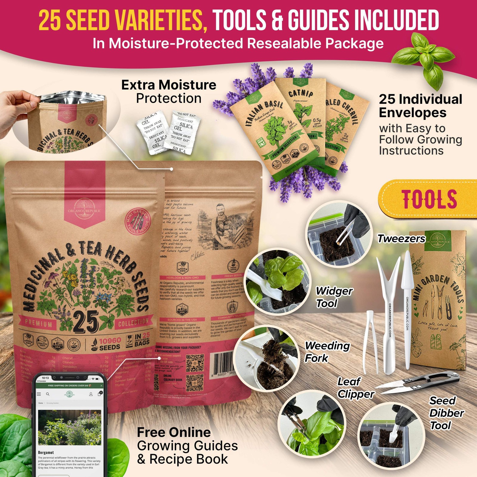 25 Medicinal & Tea Herb Seeds Variety Pack