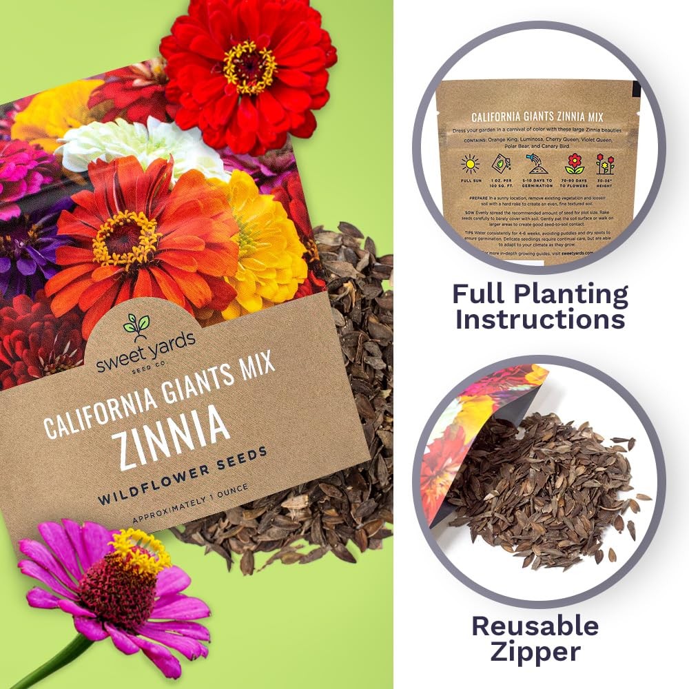 Zinnia Seeds – California Giants Mix – Large 1 1 Ounce Pouch, Multiple Colors