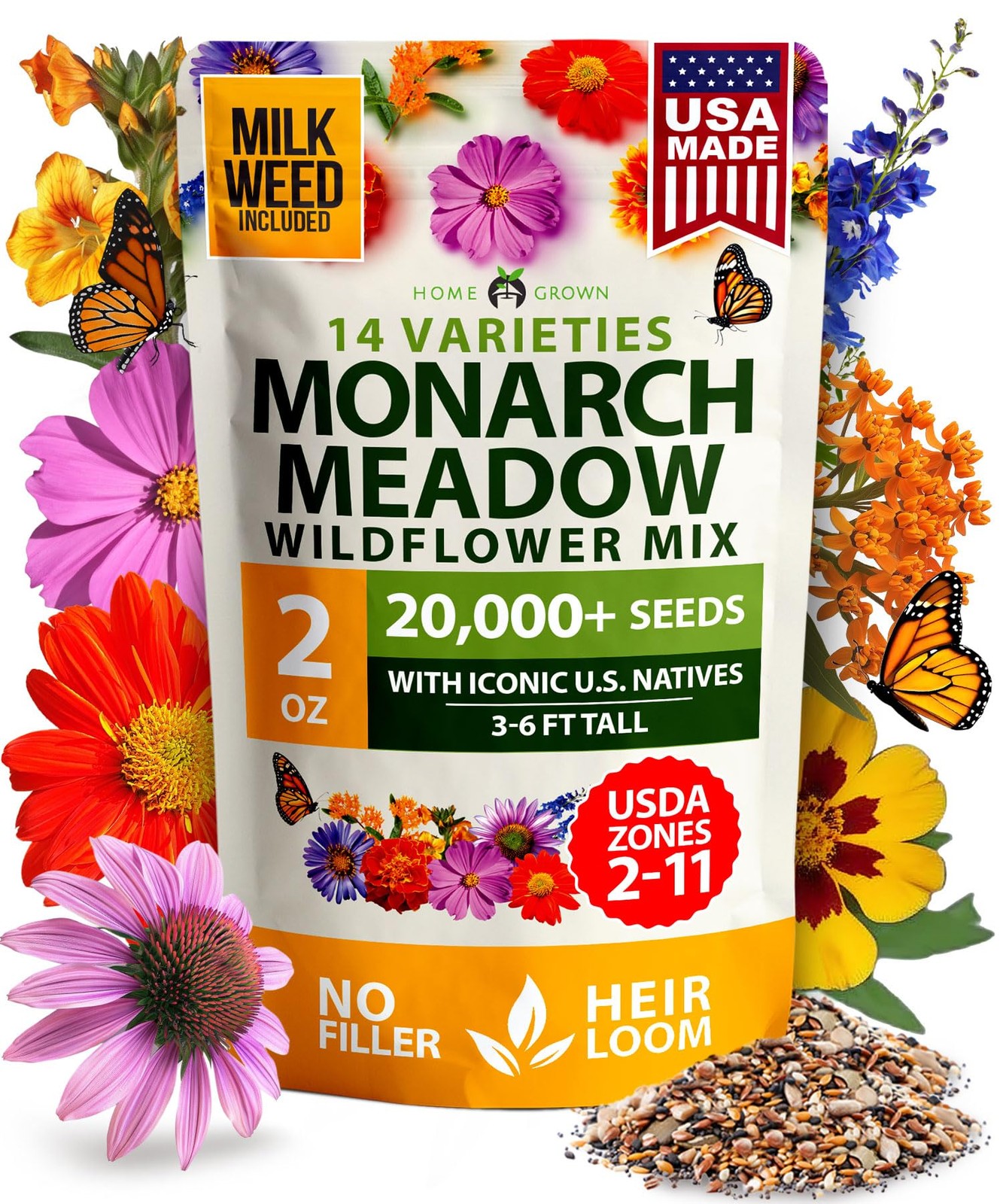 HOME GROWN Premium Monarch Butterfly Wildflower Seeds Mix (2oz) 1-Pack, Green