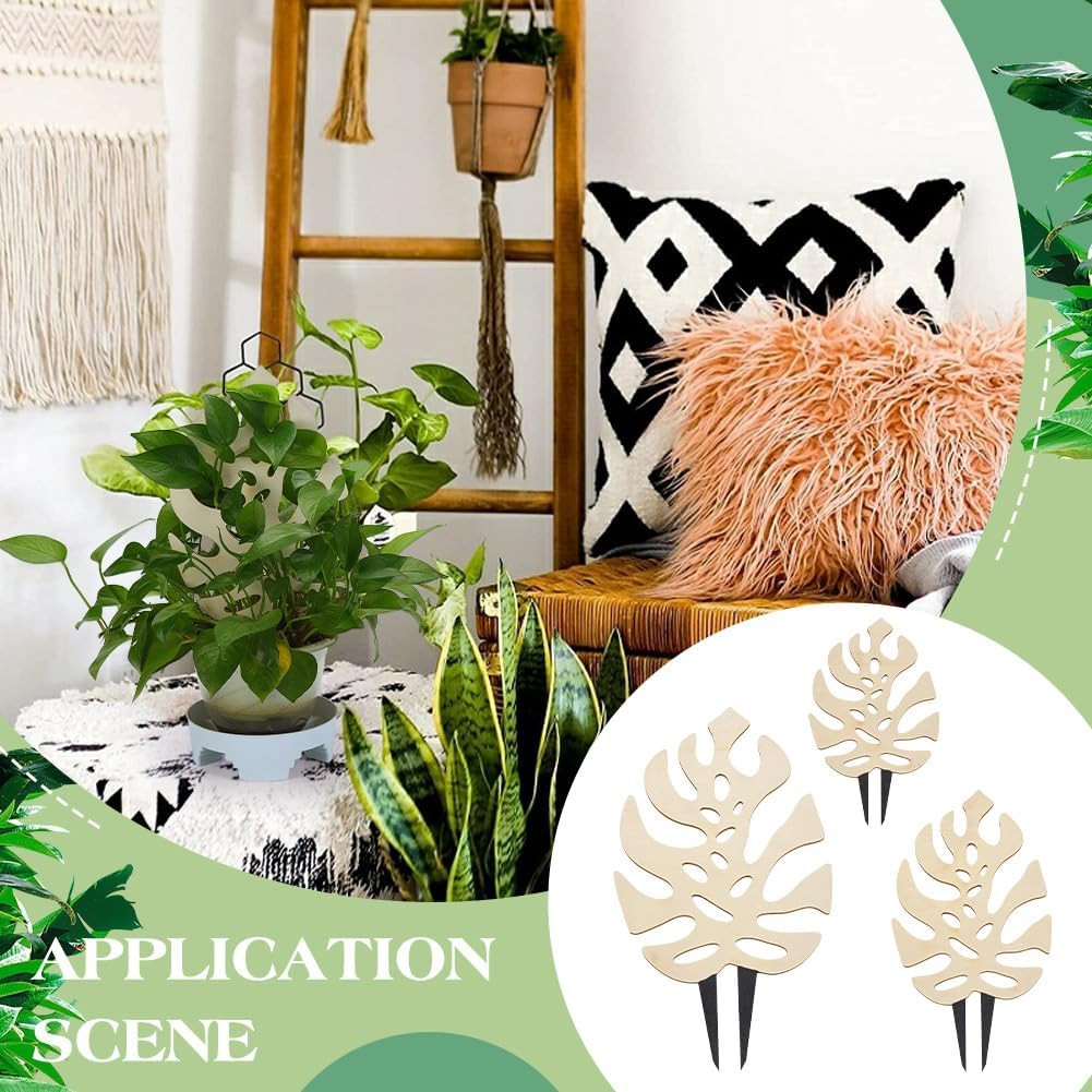 3 PCS Wooden Plant Trellises 3 Size Monstera Leaf Shape Floral White Houseplant