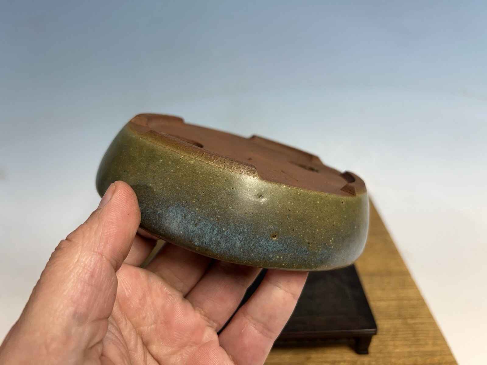 Green Blue Glazed Shohin Size Tokoname Bonsai Tree Pot Yozan 5 5/8” Great Patina