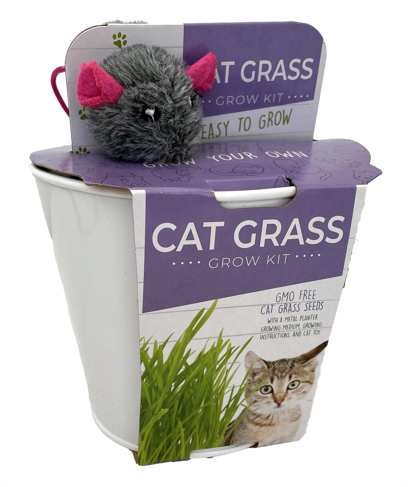 Cat Grass Grow Kit – Metal Planter,Growing Medium,GMO-Free Seeds and Mouse Toy