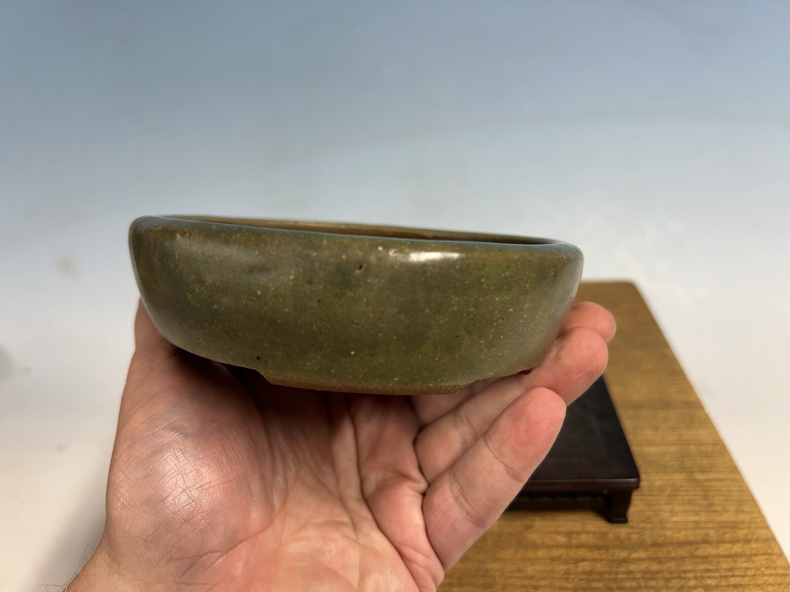 Green Blue Glazed Shohin Size Tokoname Bonsai Tree Pot Yozan 5 5/8” Great Patina