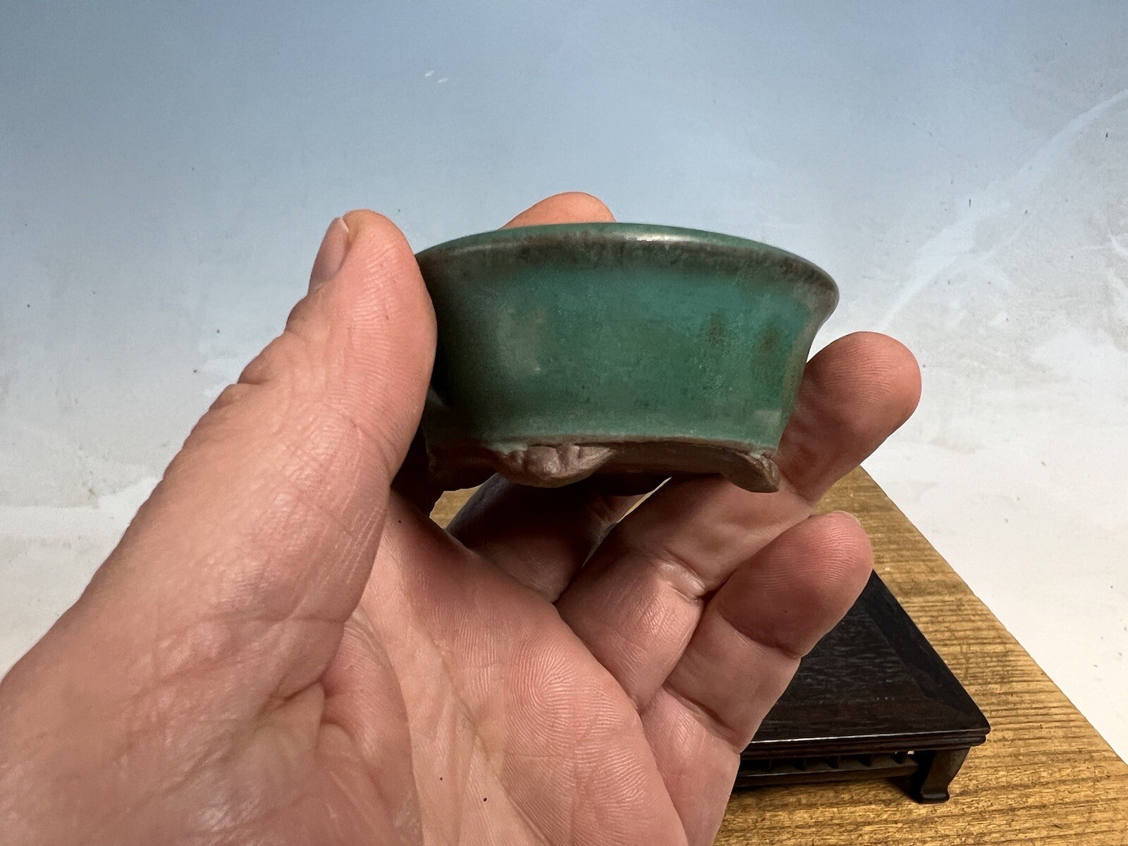 Blue Green Glazed Shohin Sized Bonsai Tree Pot Made By Tosui 2 1/2”