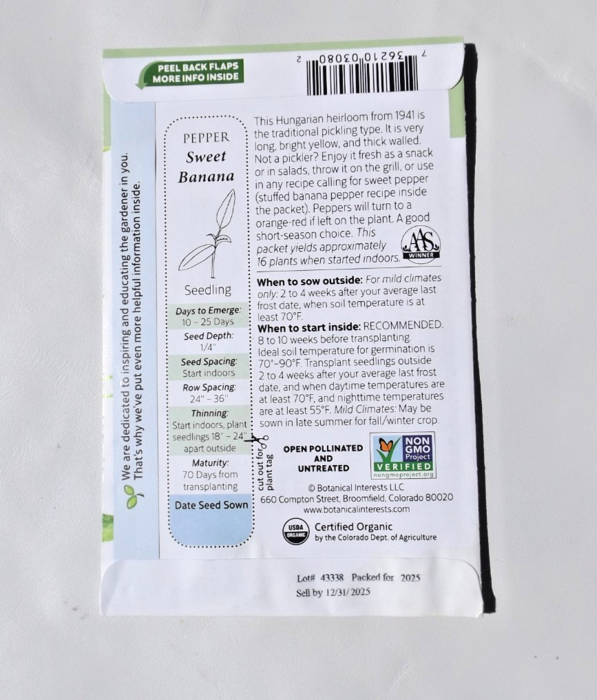 Lot #5 8 Botanical Interests seeds, Organic Banana Pepper, Cucumber