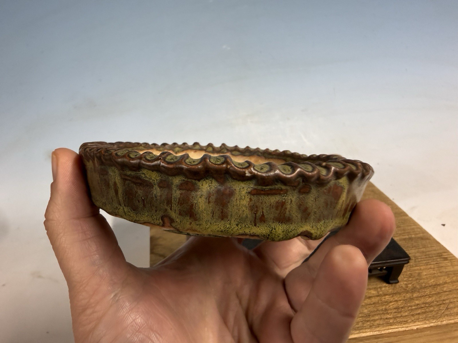 Japanese Unknown Maker Shohin Bonsai Tree Pot 5 1/4 By 1 1/8” Unique Glazed!
