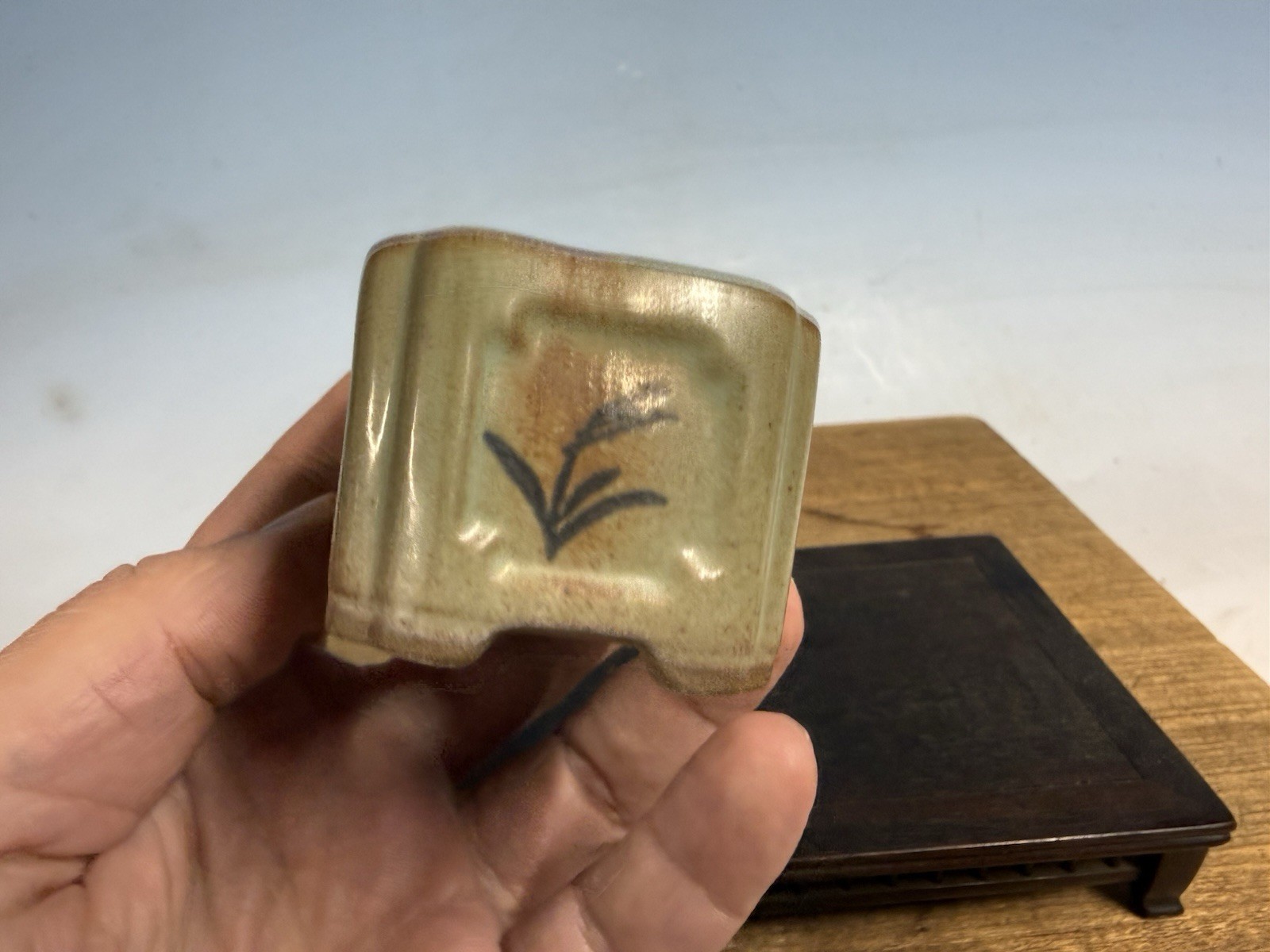 Japanese Unknown Maker Shohin Bonsai Tree Pot 3” Glazed With Motif #2