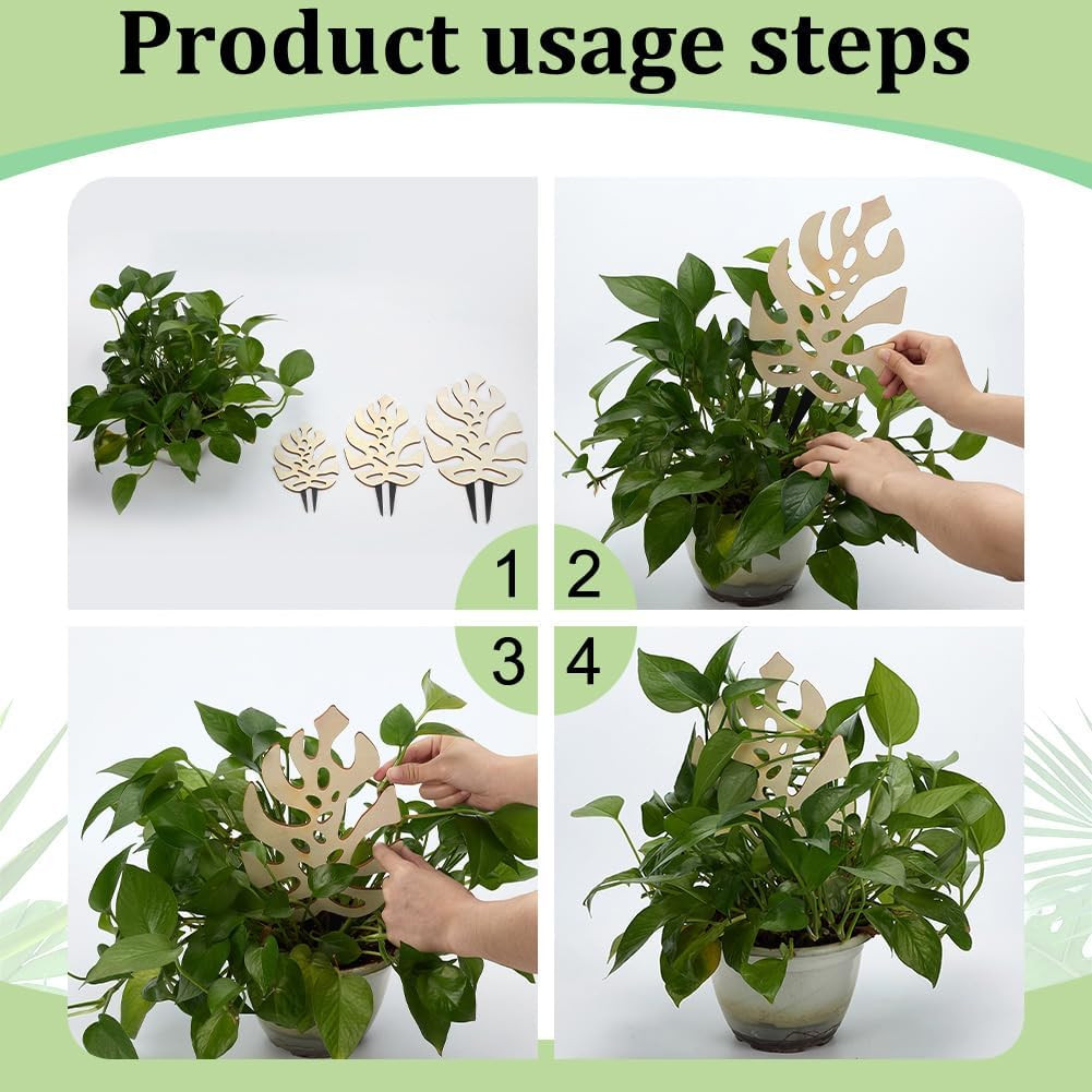 3 PCS Wooden Plant Trellises 3 Size Monstera Leaf Shape Floral White Houseplant